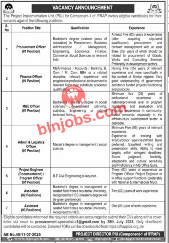 Project Implementation Unit PIU Balochistan Jobs 2025