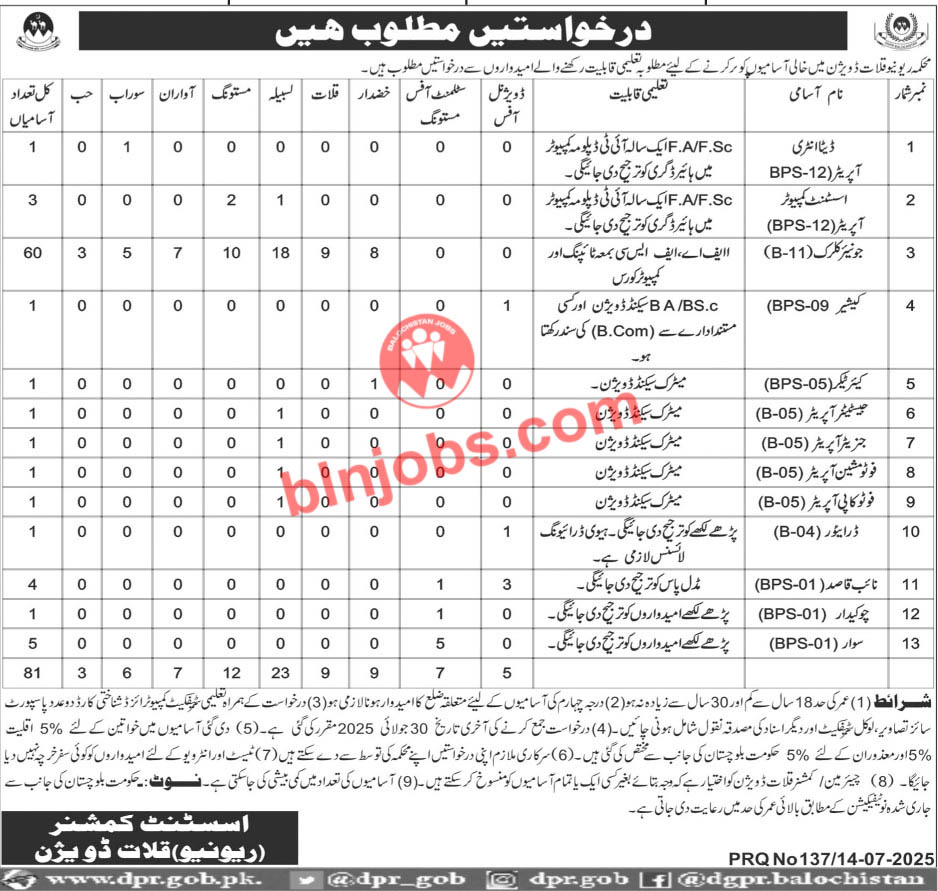 Revenue Department Kalat Division Jobs 2025