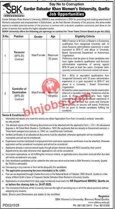 SBK Women University Quetta Jobs 2025