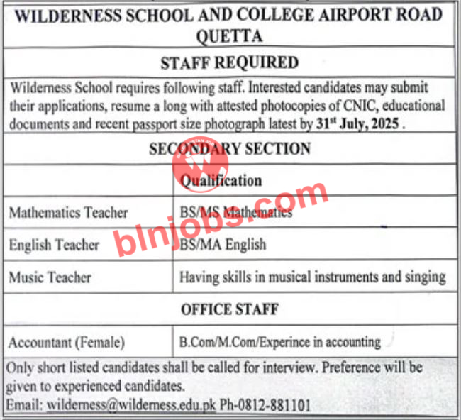 Wilderness School and College Quetta Jobs 2025