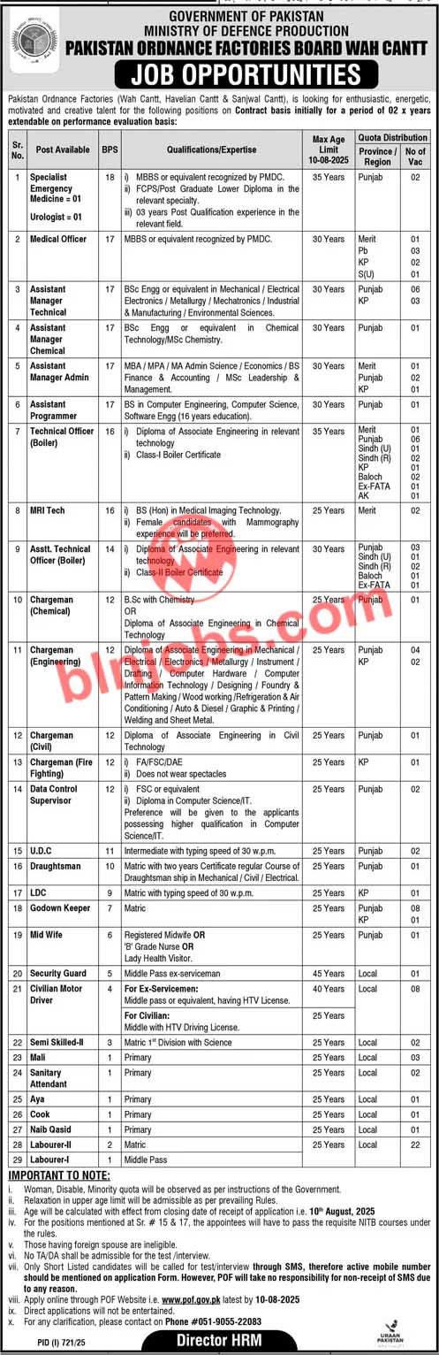 Pakistan Ordinance Factories Wah Cantt Jobs 2025 Balochistan