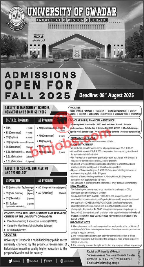 University of Gwadar UOG Admissions 2025