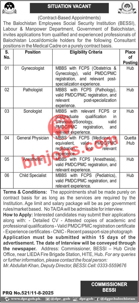 Balochistan Employees Social Security Institution BESSI Hub Quetta Jobs 2025