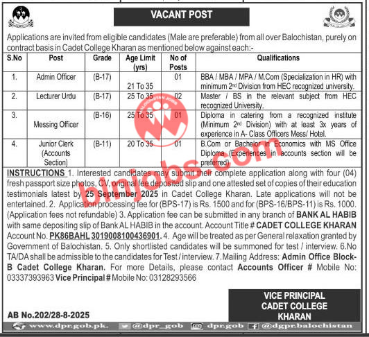 Cadet College Kharan Jobs 2025