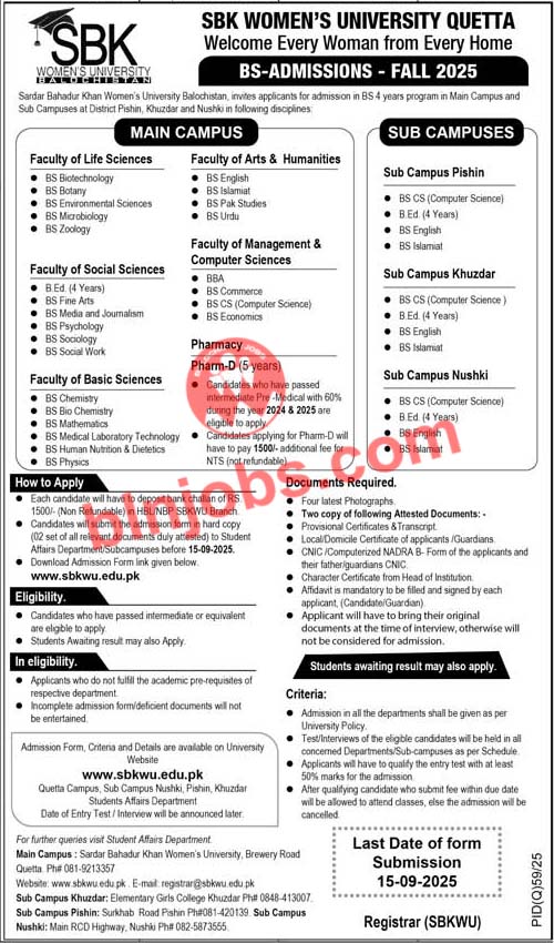 SBK Womens University Quetta Admissions 2025