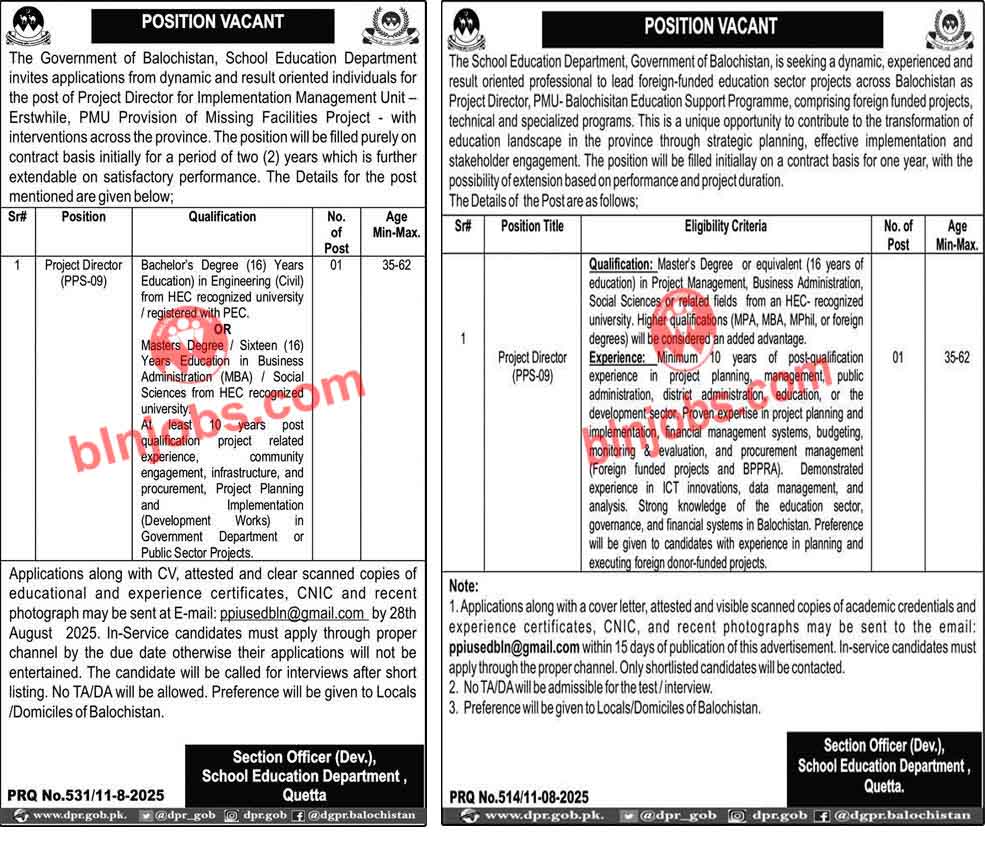 Education Department Balochistan Project Director Jobs 2025