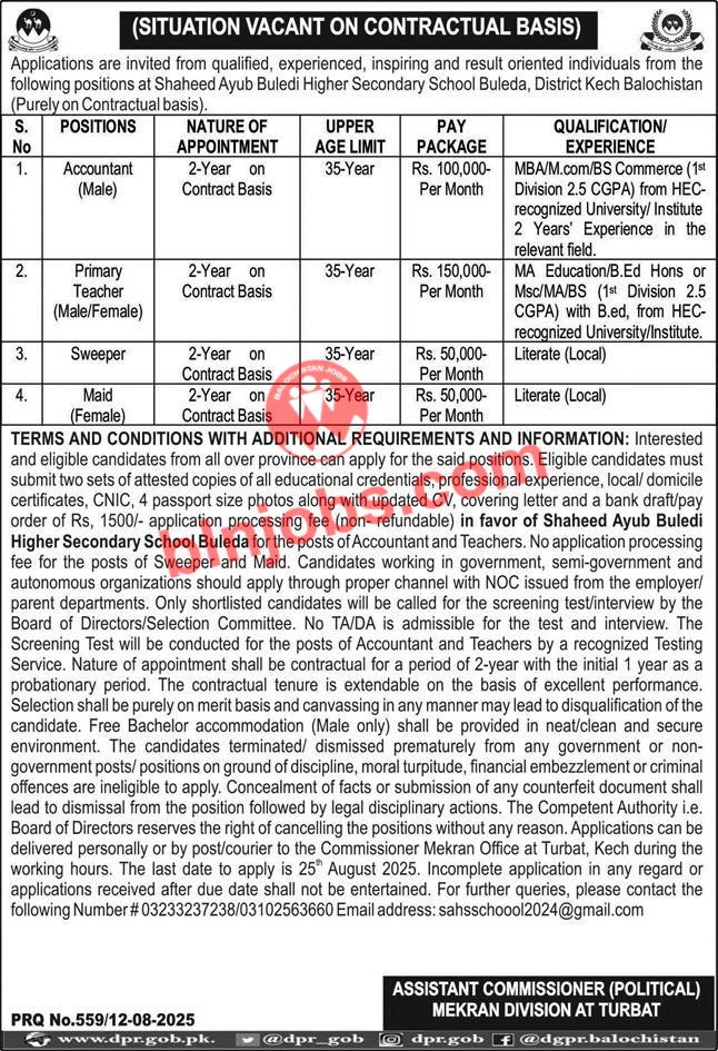 Shaheed Ayub Buledi Higher Secondary Buleda Kech Jobs 2025