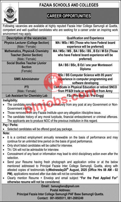 Fazaia School and Colleges Quetta Jobs 2025