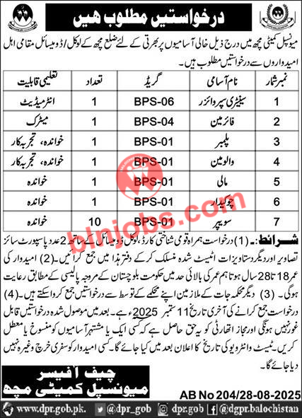 Municipal Committee MC Machh Jobs 2025