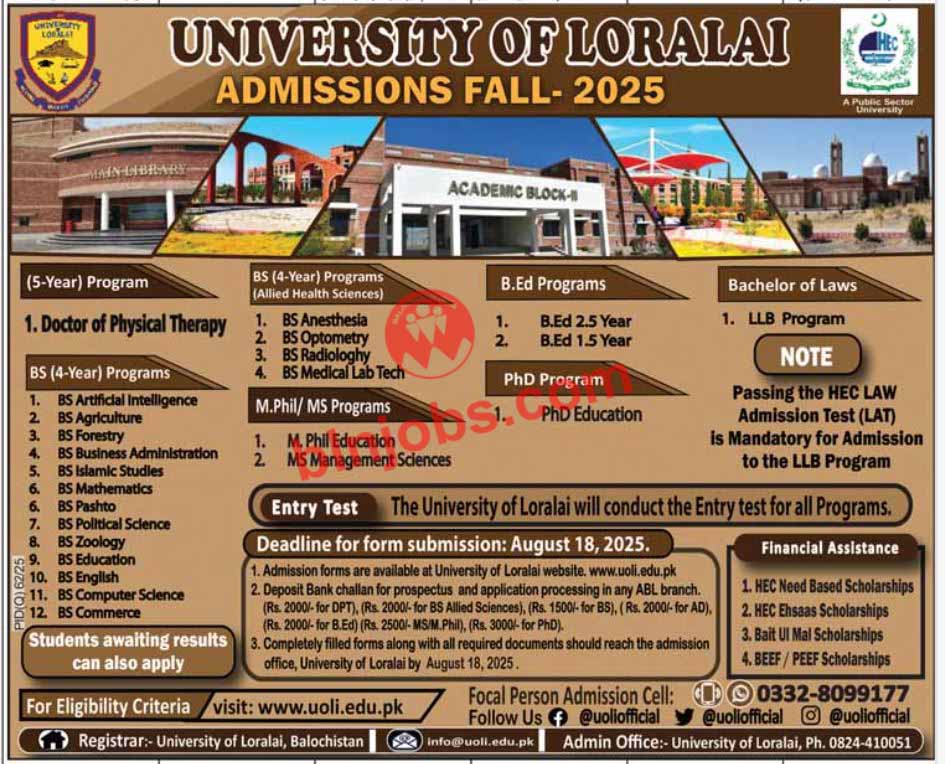 University of Loralai UOL Admissions 2025