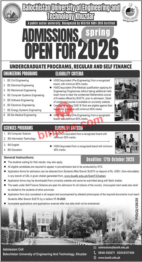 Balochistan University of Engineering and Technology Khuzdar Admissions 2026