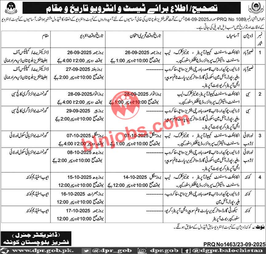 Fisheries Department Balochistan Test Interviews 2025