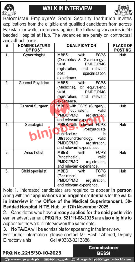 BESSI 50 Bedded Hospital Hub Jobs 2025