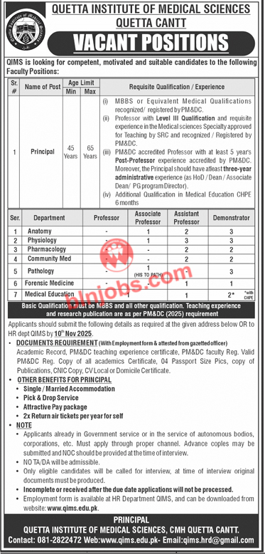 Quetta Institute of Medical Sciences QIMS Quetta Jobs 2025