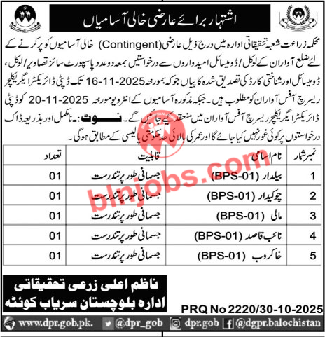 Agriculture Research Department Awaran Jobs 2025