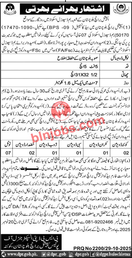 Balochistan Police Special Branch Jobs 2025