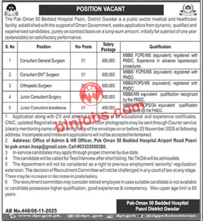 Pak Oman 50 Bedded Hospital Pasni Jobs 2025