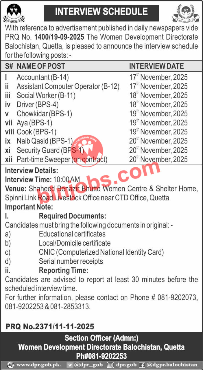Women Development Department Quetta Interviews 2025