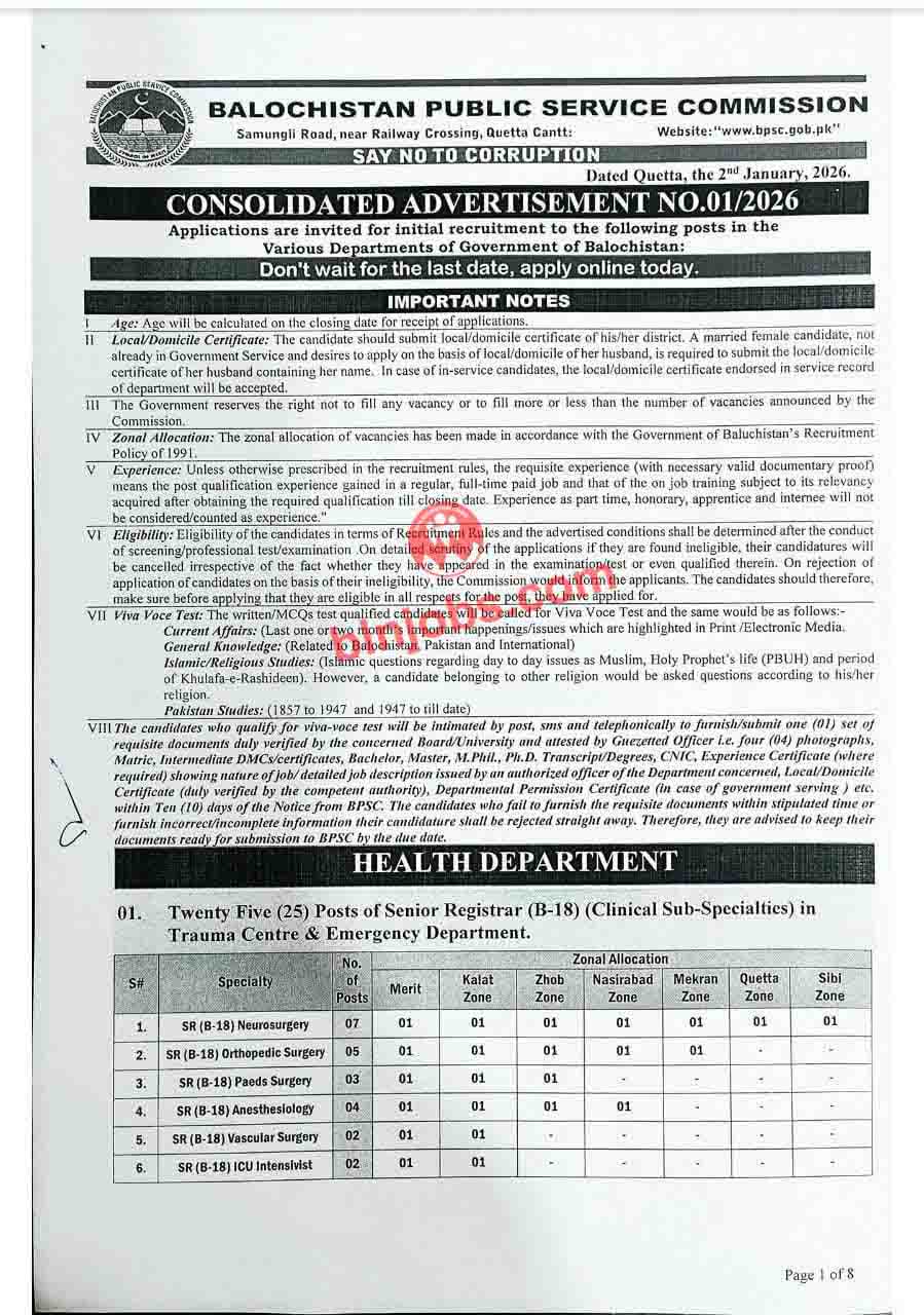 BPSC Jobs 2026– Advertisement No 1-2026