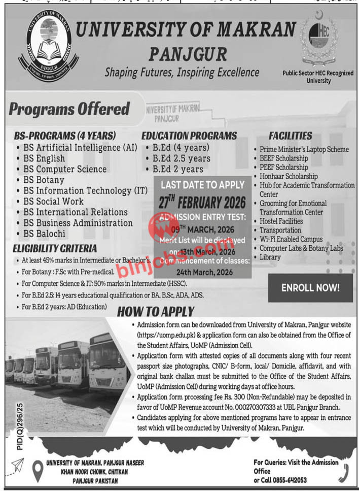 University of Makran Panjgur Admissions 2026