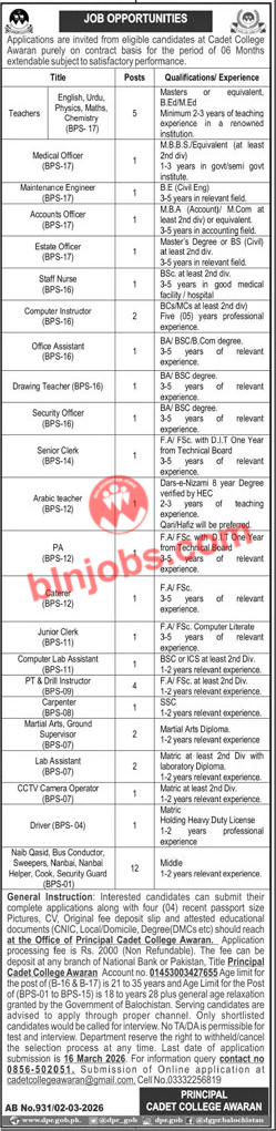 Cadet College Awaran Jobs 2026