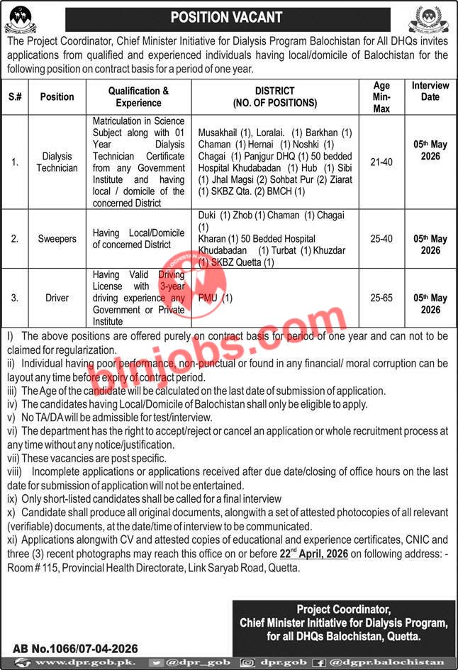 Chief Minister Initiative for Dialysis Program Balochistan Jobs 2026