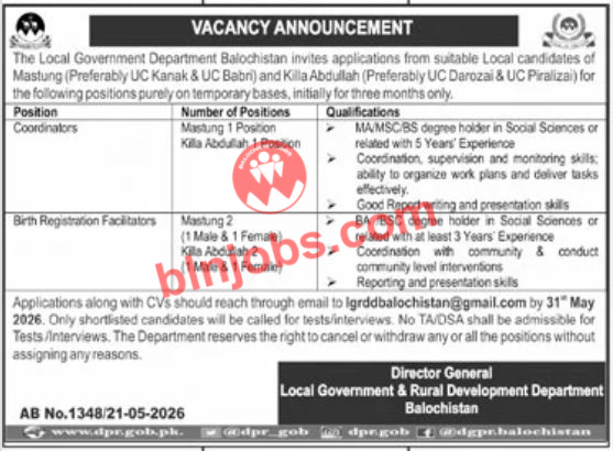 Local Govt Department Mastung Killa Abdullah Jobs 2026