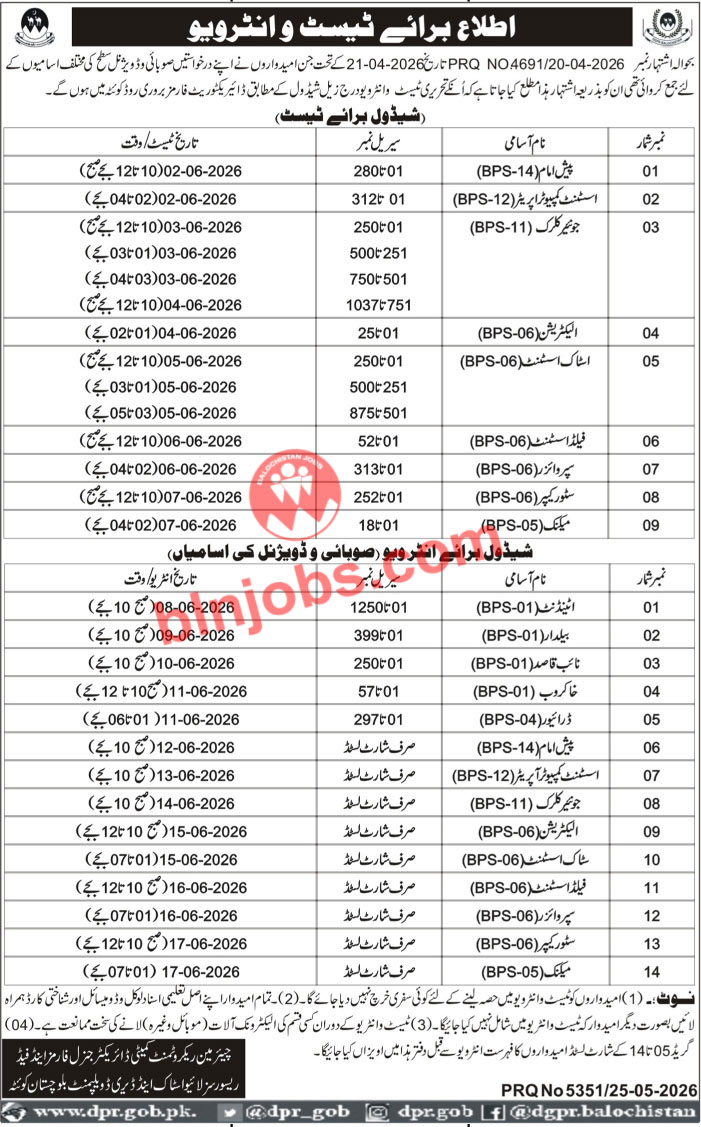 Livestock and Dairy Development Department Balochistan Test Interviews 2026