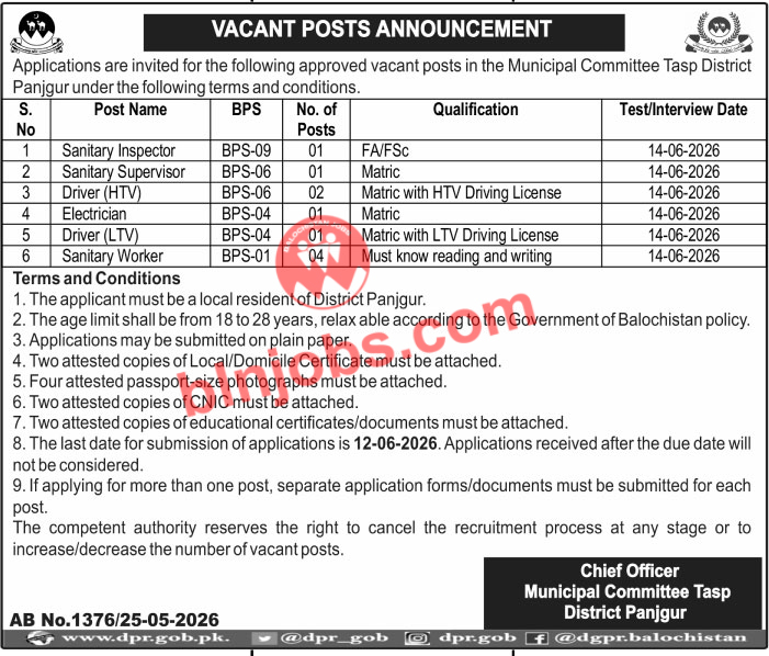 Municipal Committee MC Tasp Panjgur Jobs 2026