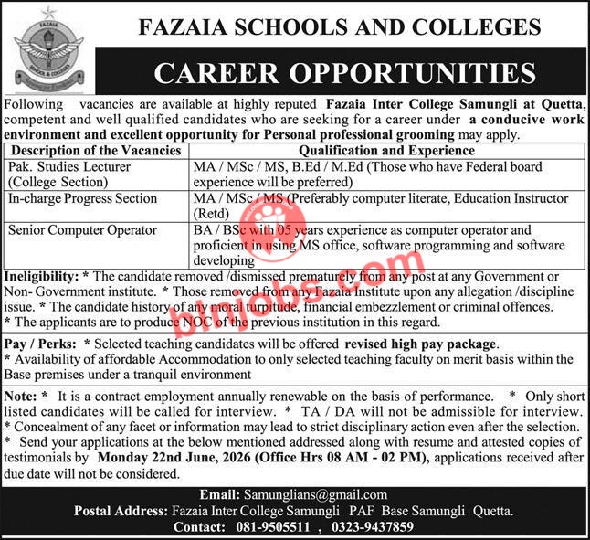 Fazaia Inter College Quetta Jobs 2026