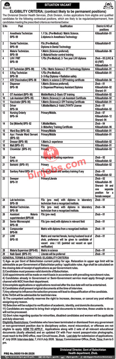 Divisional Director Health Services Zhob Division Jobs 2026