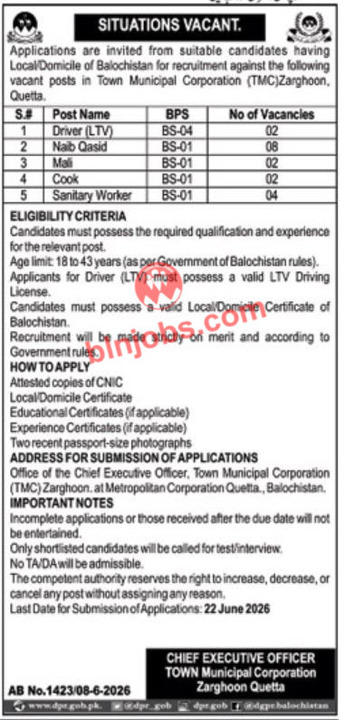 Town Municipal Corporation TMC Zarghoon Quetta Jobs 2026