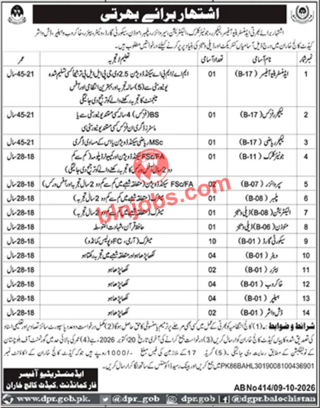 Cadet College Kharan Jobs 2026