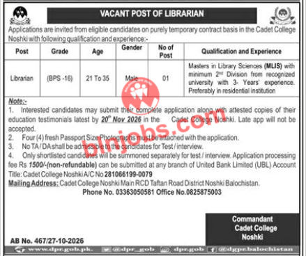 Cadet College Nushki Jobs 2026