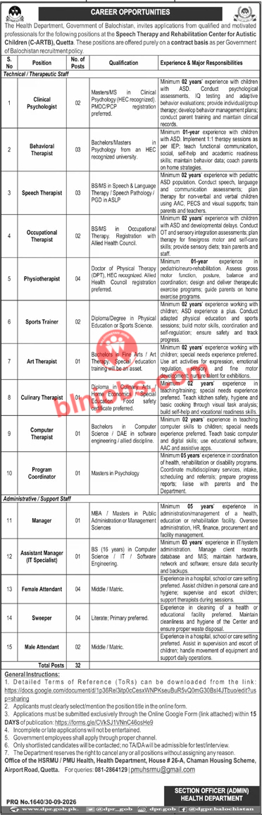 Speech Therapy and Rehabilitation Center for Autistic Children Quetta Jobs 2026